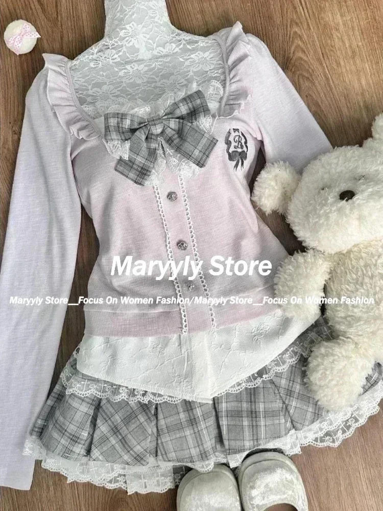 Japanese Sweet Preppy Style Skirt Set Women Kawaii Lace Patchwork Bow Tops Y2k Plaid Mini Elegant Outifits 2 Piece 250208
