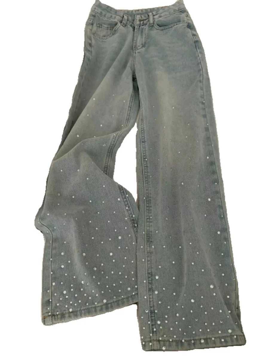Rhinestone Straight Leg Jeans Womens Retro Washed Wide Leg Pants Classic Blue High Waisted Loose All-Matched TrousersT250208