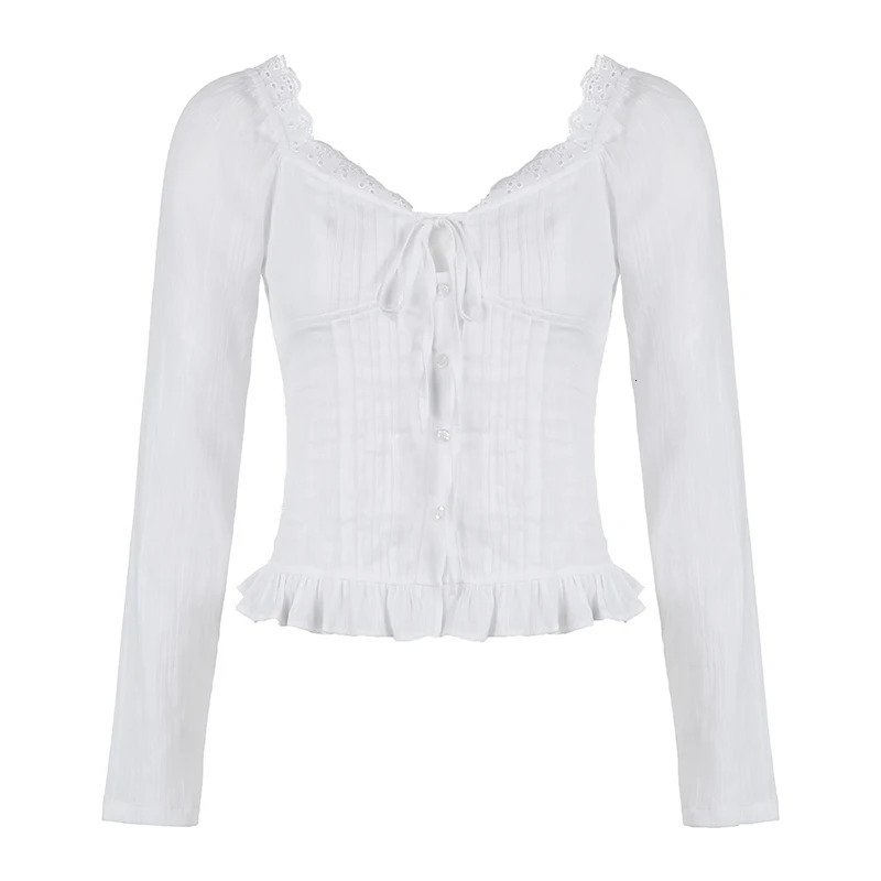 IAMTY Sweet Jacquard Ruffled Tie-up V-neck Shirt White Chic Elegant Button-up Long Sleeve Blouses Autumn Y2K Aesthetic Tops250207