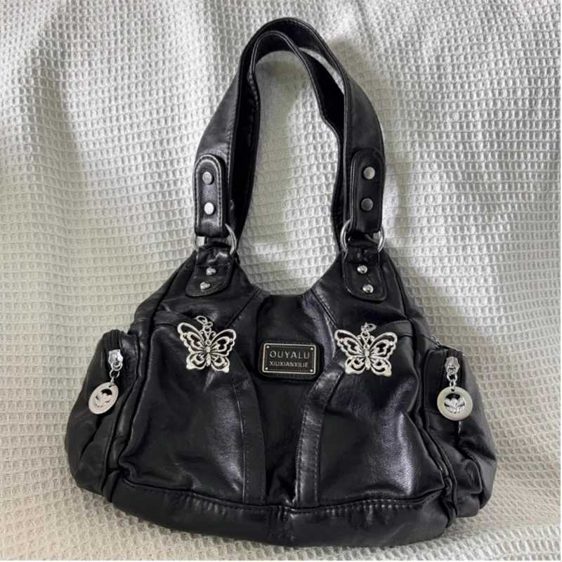Xiuya Y2k Black Wens Shoulder Bag Gothic Advanced Fi Tote Bag Large Capacity Leather Motorcycle Vintage Handbag B250618