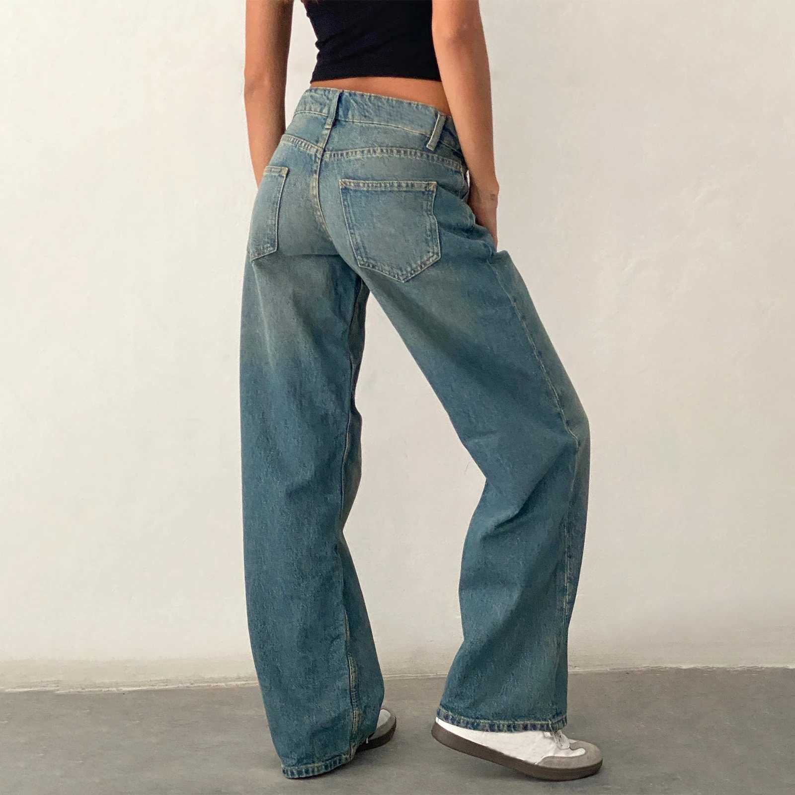 Women Vintage Aesthetic Y2k Low Rise Baggy Jeans Loose Fit Boyfriend Straight Wide Leg Jeans Trendy Stretch Long Denim PantsT250208