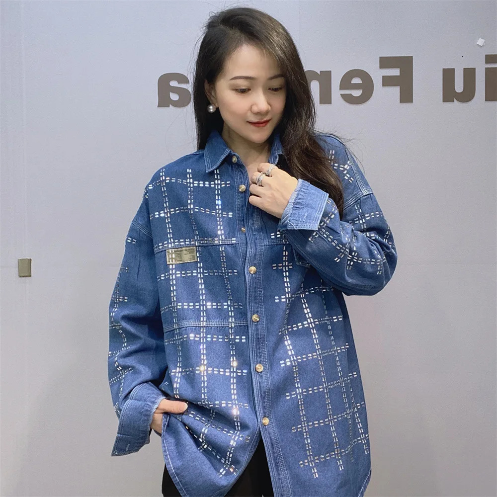 Women Chic Top Striped Diamond Denim Jacket Casual Fashion Women Shirt Long Sleeve Jeans Blouse Coat 250122