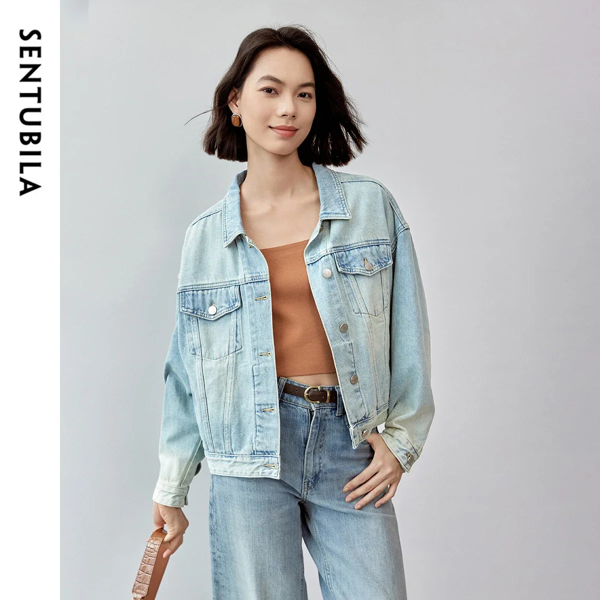 SENTUBILA Womens Spring Short Denim Jacket 2025 Fashion Loose Fit Long Sleeve Short Denim Coat Ladies Tops W43W57374X 250122