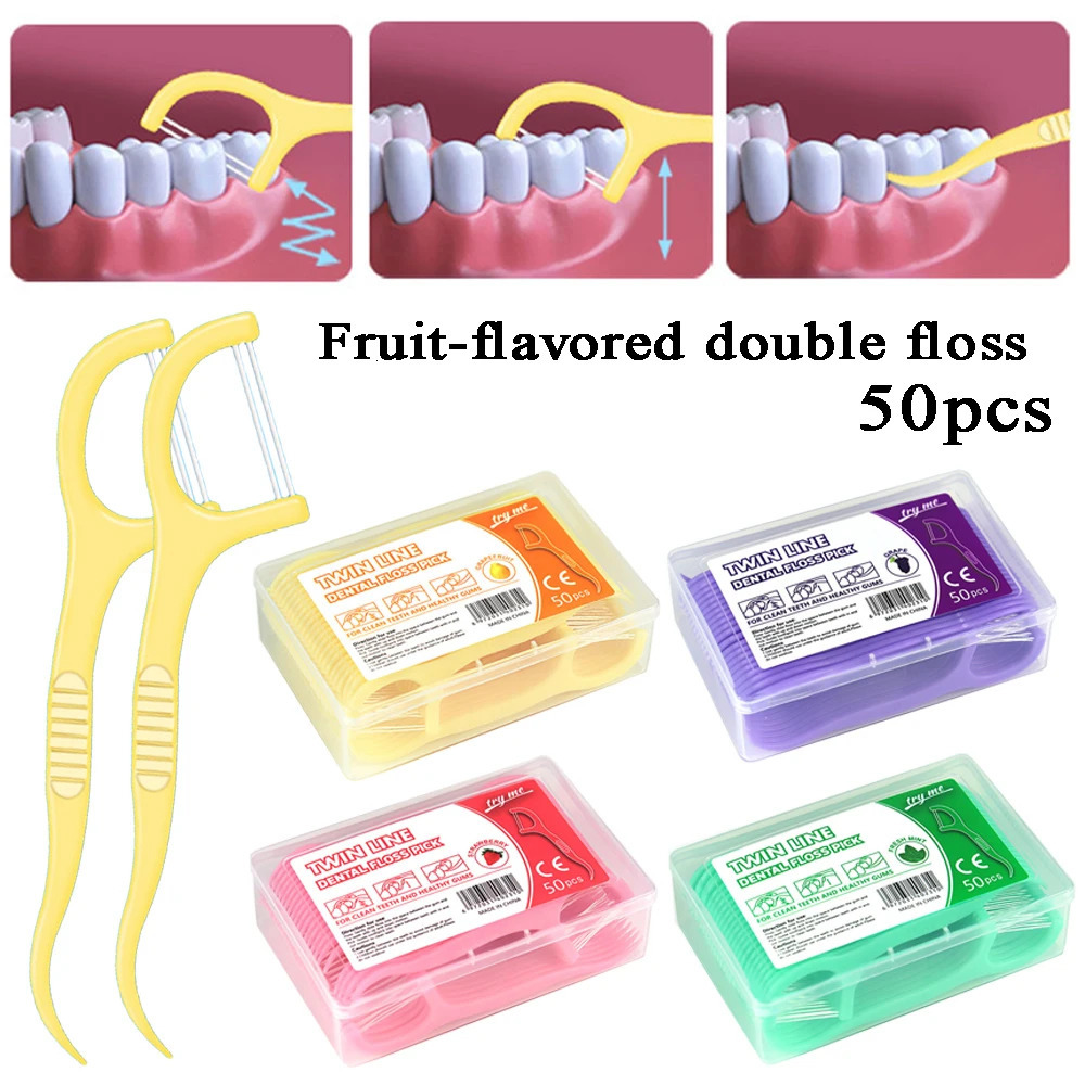 50Pcs Box Fruit Flavor Dental Floss Pick Teeth Cleaner Double Line High Tensile Force Stick Portable Toothpick Hygiene 250108