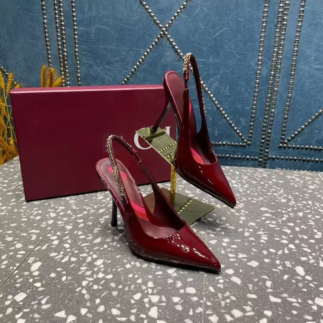 European classic wome's shoes luxury sandal slipper goods style ladies designer decoration high heeled sexy shoes pure leather genuine gold heel gold chain