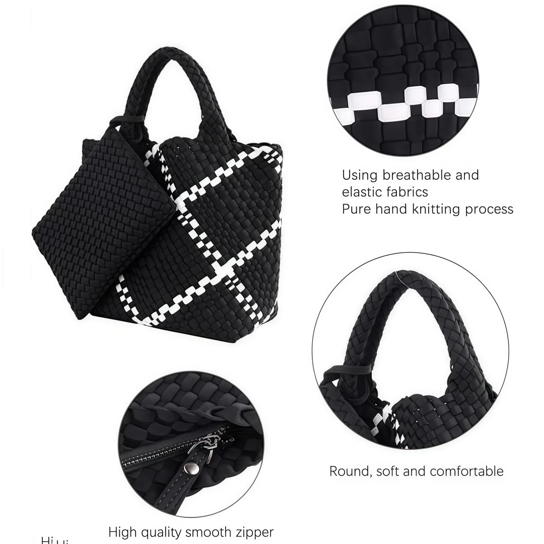 Woven Bag for Women Neoprene Tote Bag Summer Beach Handbag Purse Retro Handmade Travel Shoulder Bag Set Neoprene Weave Tote Bag 250207