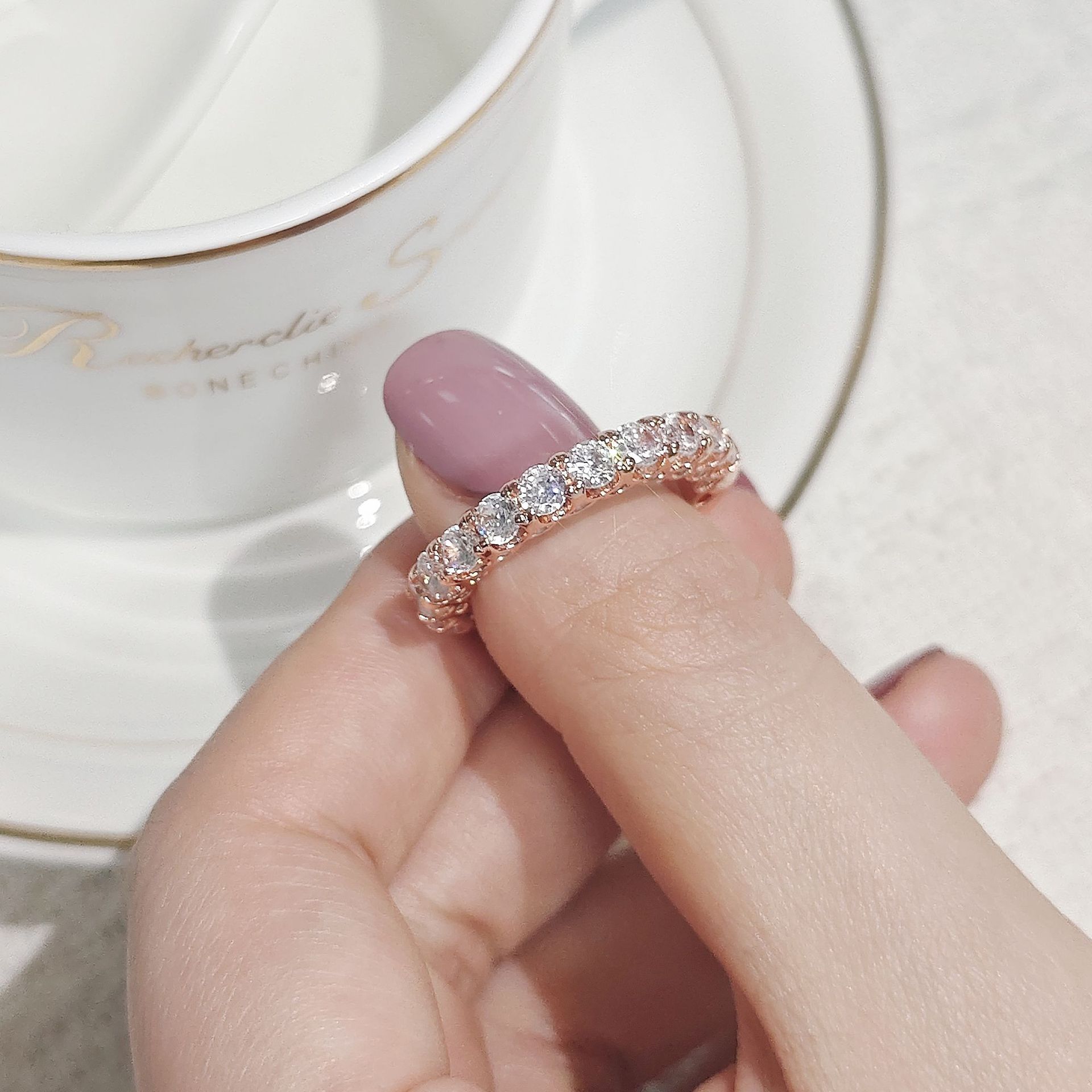 Unique Design Rose Gold 925 Silver Color Round 5A Cubic Zircon CZ Diamond Gemstones Eternity Band Ring for Women Anniversary Gift Jewelry Wholesale