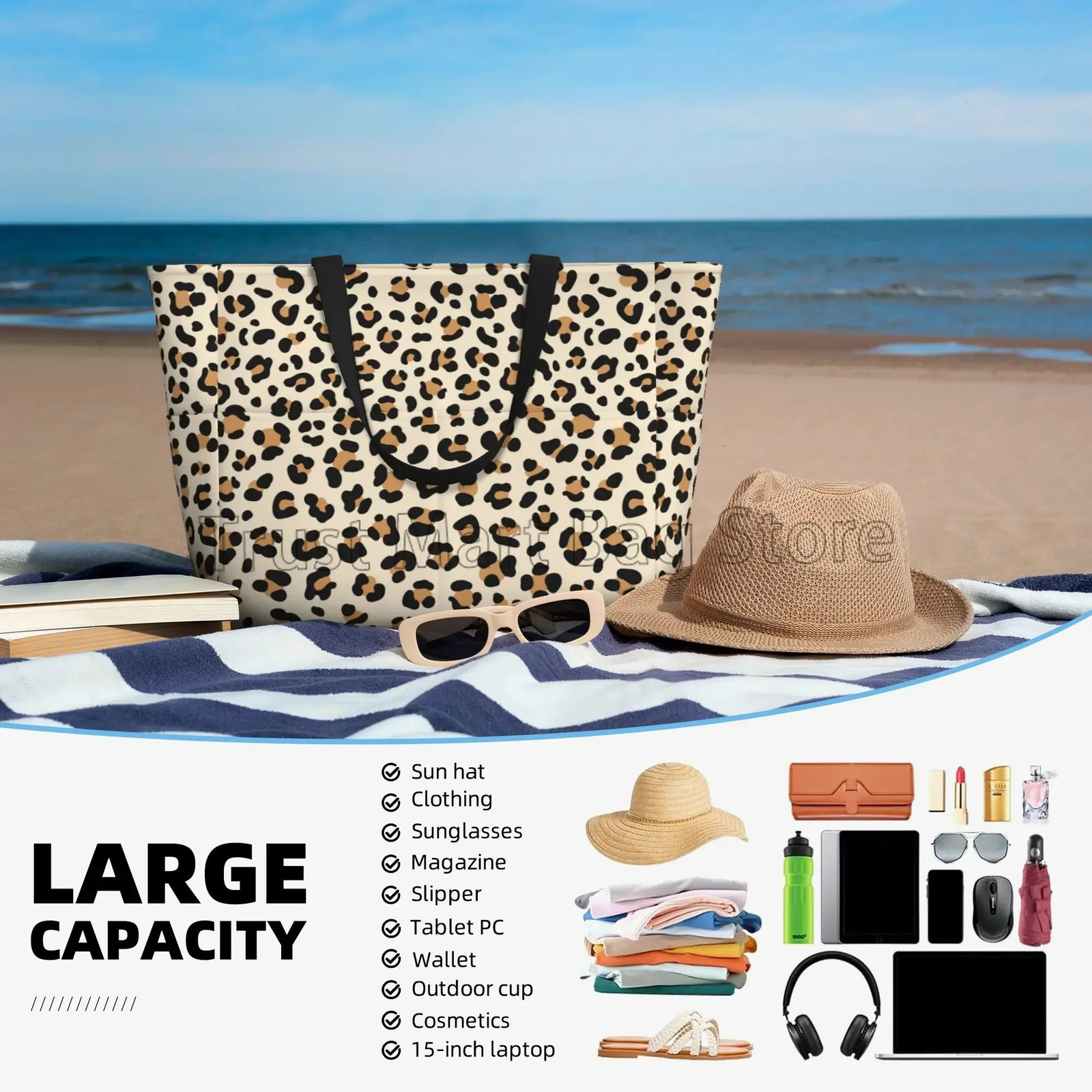 Leopard Print Large Waterproof Beach Bag for Women Sandproof Tote Bag Pool Bag with Zipper and Pockets for Travel Vacation Gym 250207