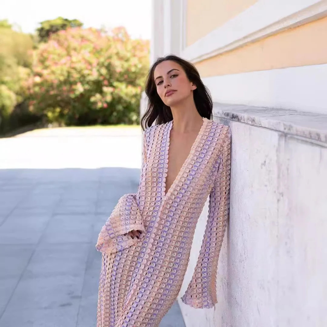 Crochet Colorful Stripe Maxi Dress Women Flare Sleeve Deep V-neck High Split Sexy Long Dresses Autumn Beach Banquet Vestidos 250208