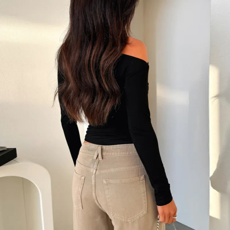 Custom Womens Casual Long Sleeve Boat Neck Off Shoulder Slim Fit Crop Top Going Out Blouses Y2K Tight Shirts XY24338SKO 250208