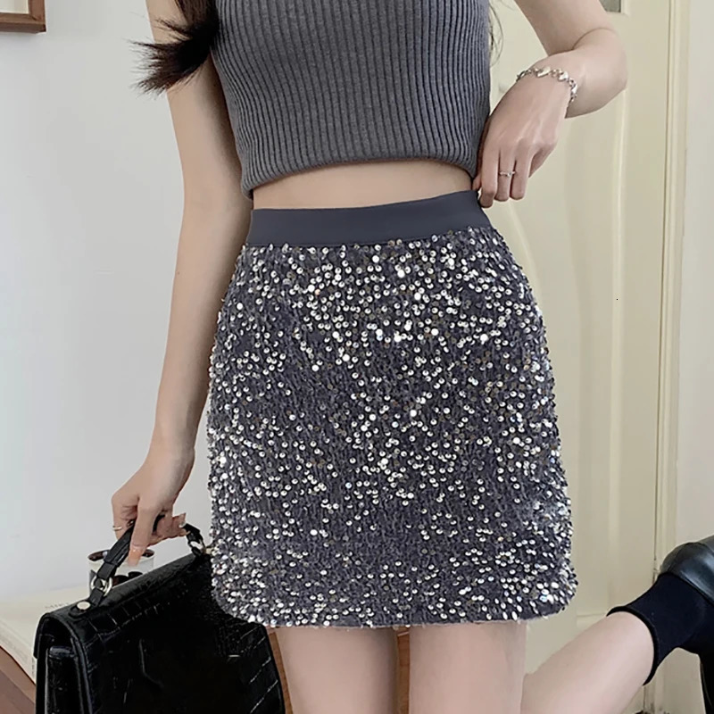 ITOOLIN Women Casual High Waist Tweed Aline Skirts Chic Shiny Sequined Bodycon Mini For Party Package Hip 250206Z