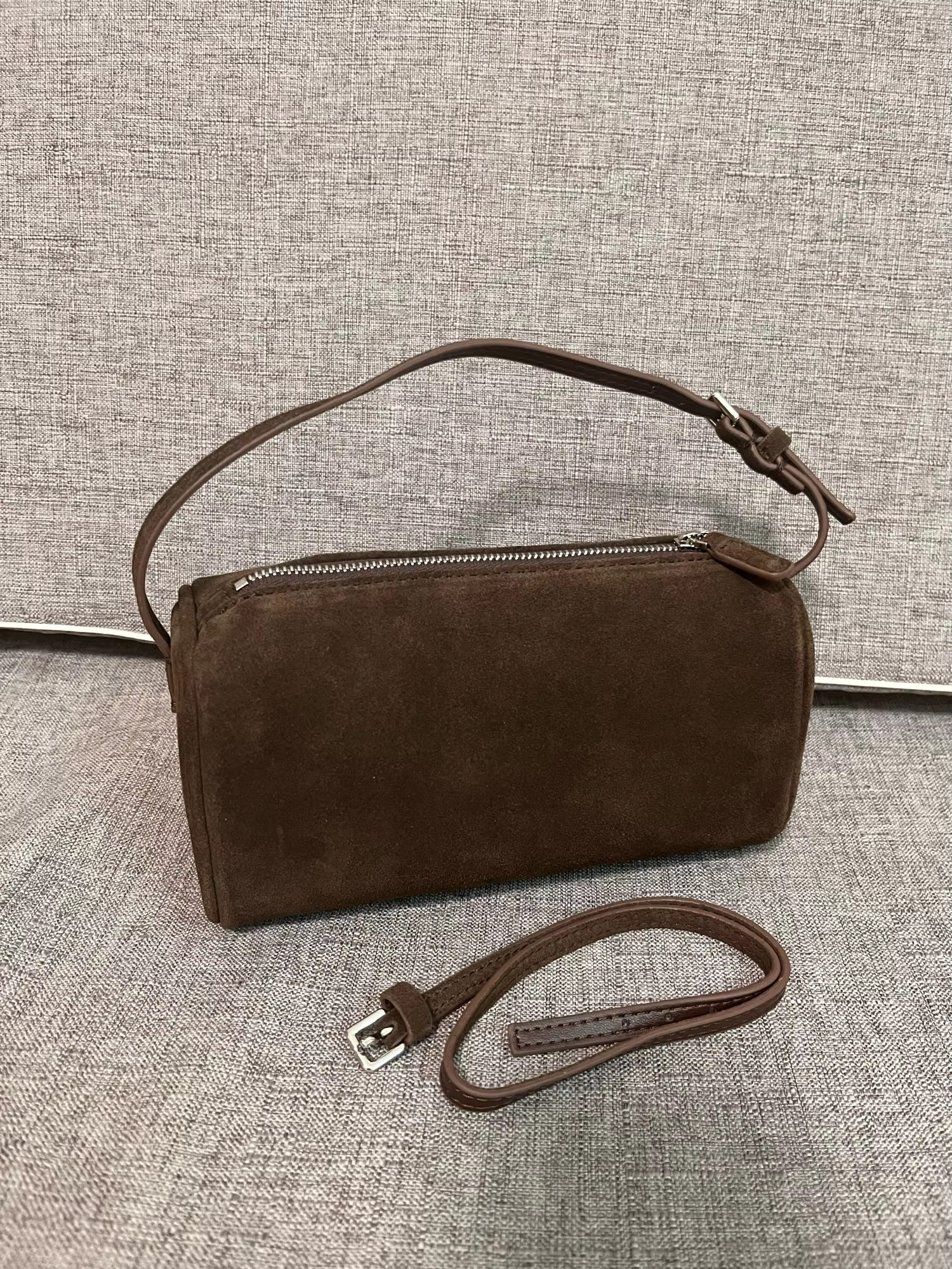 First Layer Cowhide Handbag Retro Simple Hand Shoulder Mini Suede Leather Pen Holder Bag