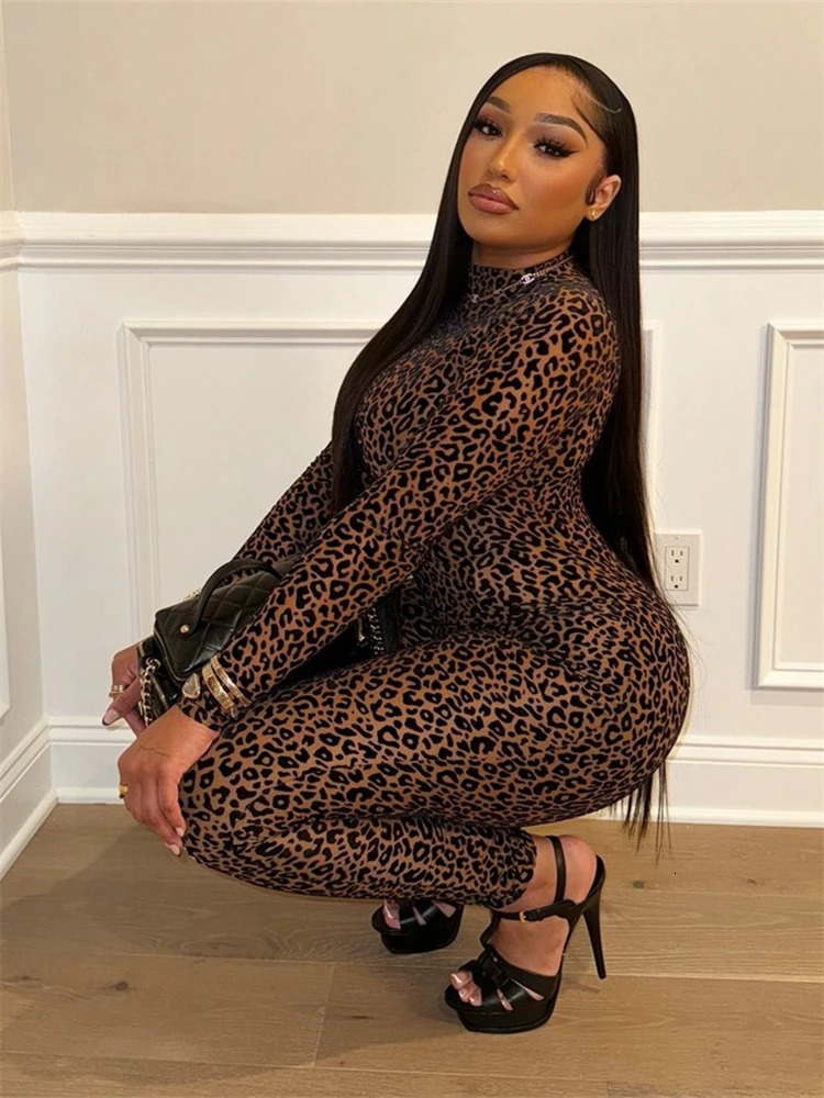 Aualay Autumn Trend Leopard Flocking Skinny Jumpsuit Sexy Night Clubwear For Women 2024 Long Sleeve 4 See Through Romper