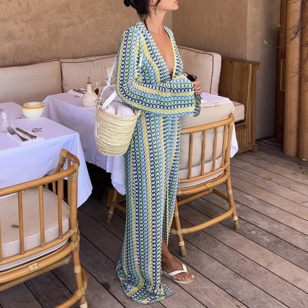 Crochet Colorful Stripe Maxi Dress Women Flare Sleeve Deep V-neck High Split Sexy Long Dresses Autumn Beach Banquet Vestidos 250208