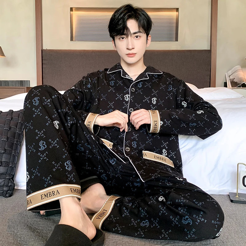 Black ious Men Pajamas Set Autumn Winter Long Sleeves Long Pants Casual Sleepwear Soft Pyjamas Cozy Pijamas Adult Pjs Sleep 250206