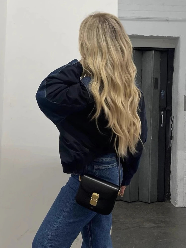 ZBZA Womens Vintage Patchwork Denim Jacket Lapel Long Sleeve Single Breasted Short Bomber Outerwear Fall Female Chic Coat 250122