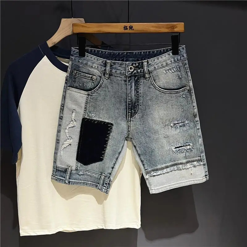 Korean Style Clothes Korean Clothing Mens Knee-Length Spliced Cow Denim Shorts Stretch Casual Short Jeans Man 250206