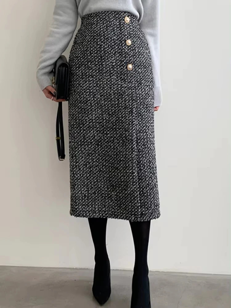 Button Down Tweed Boucle Maxi Skirt High Waist Skirts for Women Long Summer Chic Split Trumpet Elegant 250206