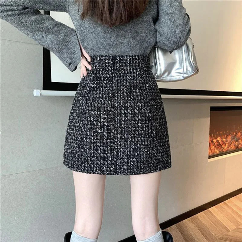 Korean high waisted coarse tweed skiing womens fashion restrained streetwear mini solid color fully matched Aline 250206Z