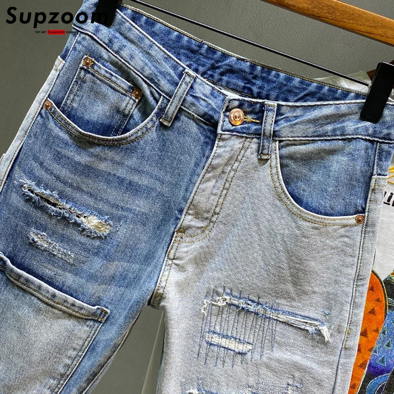 Supzoom Arrival Top Fashion Autumn Zipper Fly Stoashed Casual Patchwork Cargo Denim Pockets Cotton Jeans Men 250115