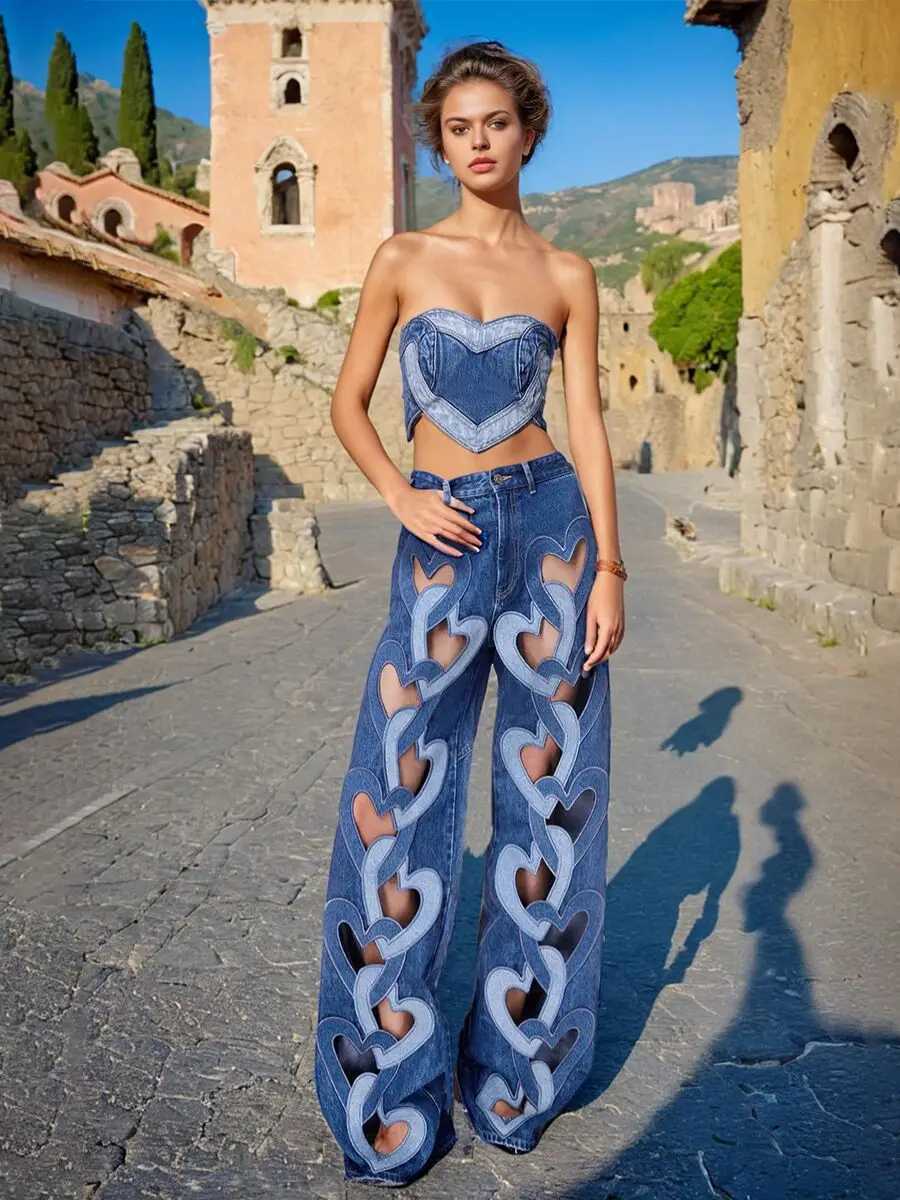 Night Club Wide Leg Denim Heart Shape Pants Sexy Women High Waist Elegant Hollow Out Jeans Straight TrousersT250208