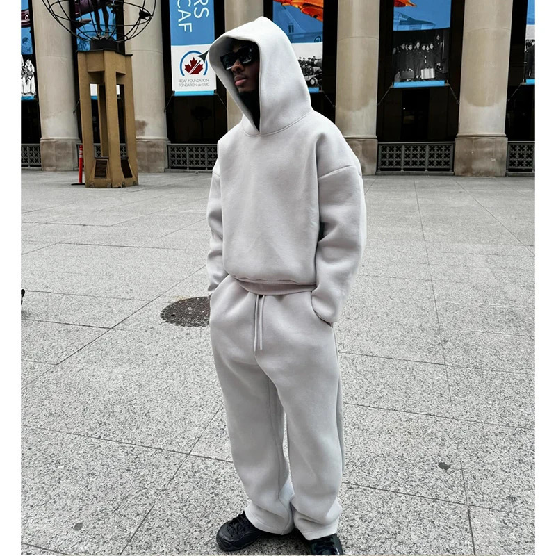 Men Cotton Vintage Tracksuit 2pcs Set Hoodies Straight Pants Casual Loose Hip Hop Sports Hooded Pullover Trousers Y2k Streetwear 250208