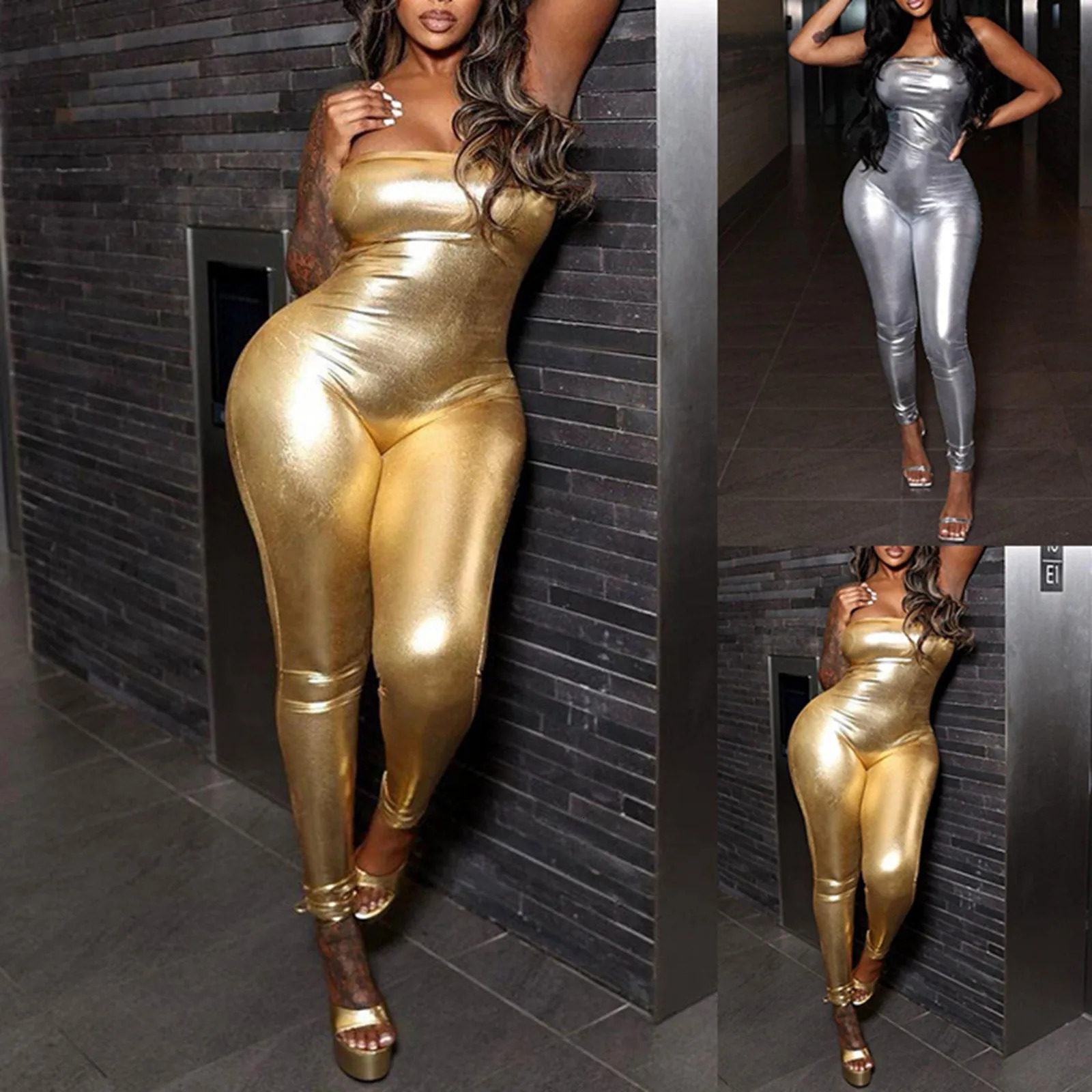 Womens Shiny Silver Gold Pu Leather Jumpsuit Metallic Color Leather Romper Sleeveless Off Shoulder Slim Fit Jumpsuit Overalls 250206