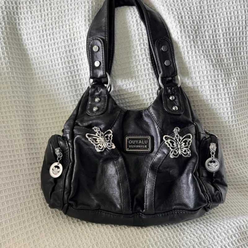 Xiuya Y2k Black Wens Shoulder Bag Gothic Advanced Fi Tote Bag Large Capacity Leather Motorcycle Vintage Handbag B250618