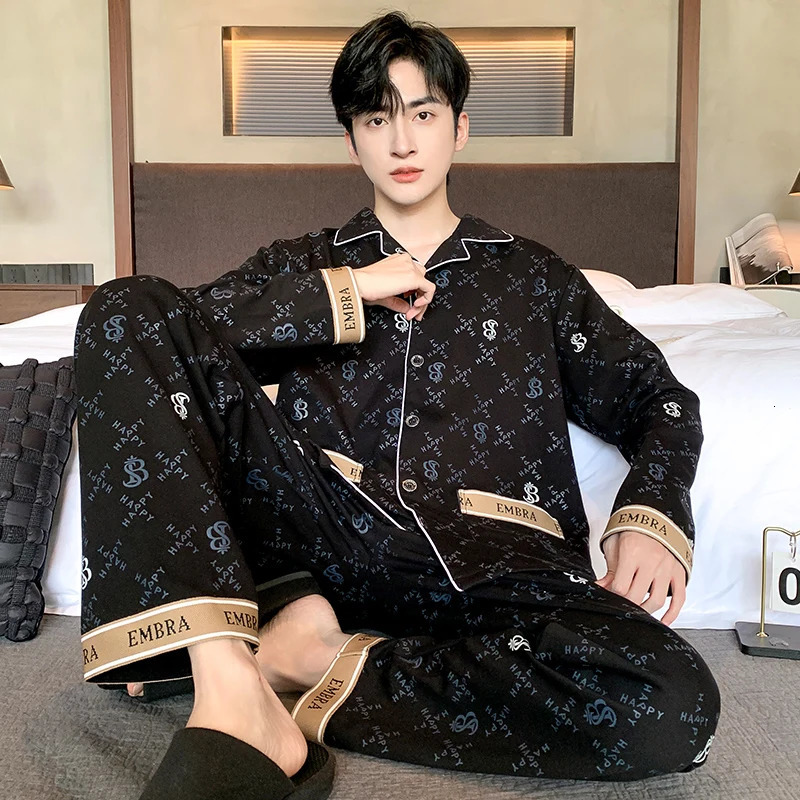 Black ious Men Pajamas Set Autumn Winter Long Sleeves Long Pants Casual Sleepwear Soft Pyjamas Cozy Pijamas Adult Pjs Sleep 250206