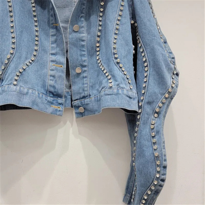 Black Diamonds Long Sleeve Denim Jacket Women Slim Short Student Cow Outerwear Autumn Vintage Streetwear Jeans Jacket Female 250122