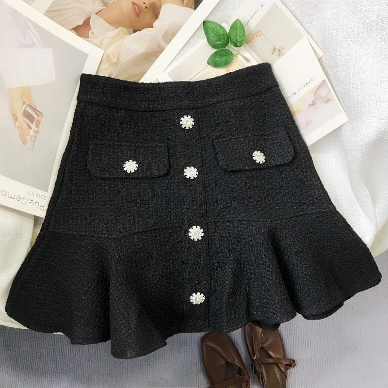 OCEANLOVE Tweed Women Skirts Solid Ruffles Vintage Aline Buttons Autumn Winter Folda Korean Elegant Skirt Femme Retro 250206Z