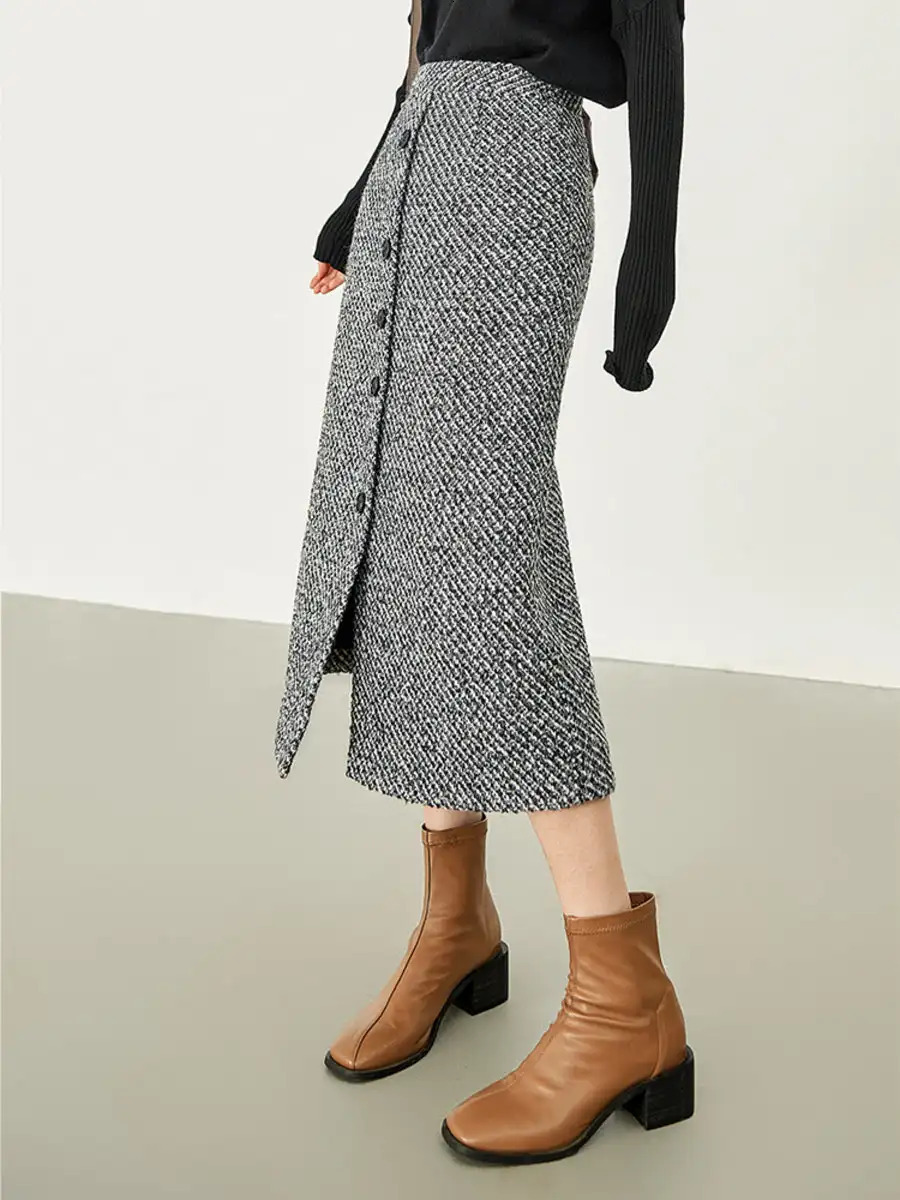 Button Down Tweed Boucle Maxi Skirt High Waist Skirts for Women Long Summer Chic Split Trumpet Elegant 250206