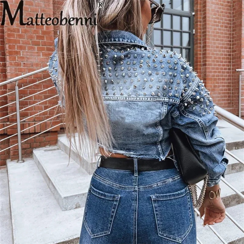 Western Cow Style Studded Decoration Jacket Womens Lapel Single-breasted Short Coat Trend Streetwear Female Casual Outerwear 250122