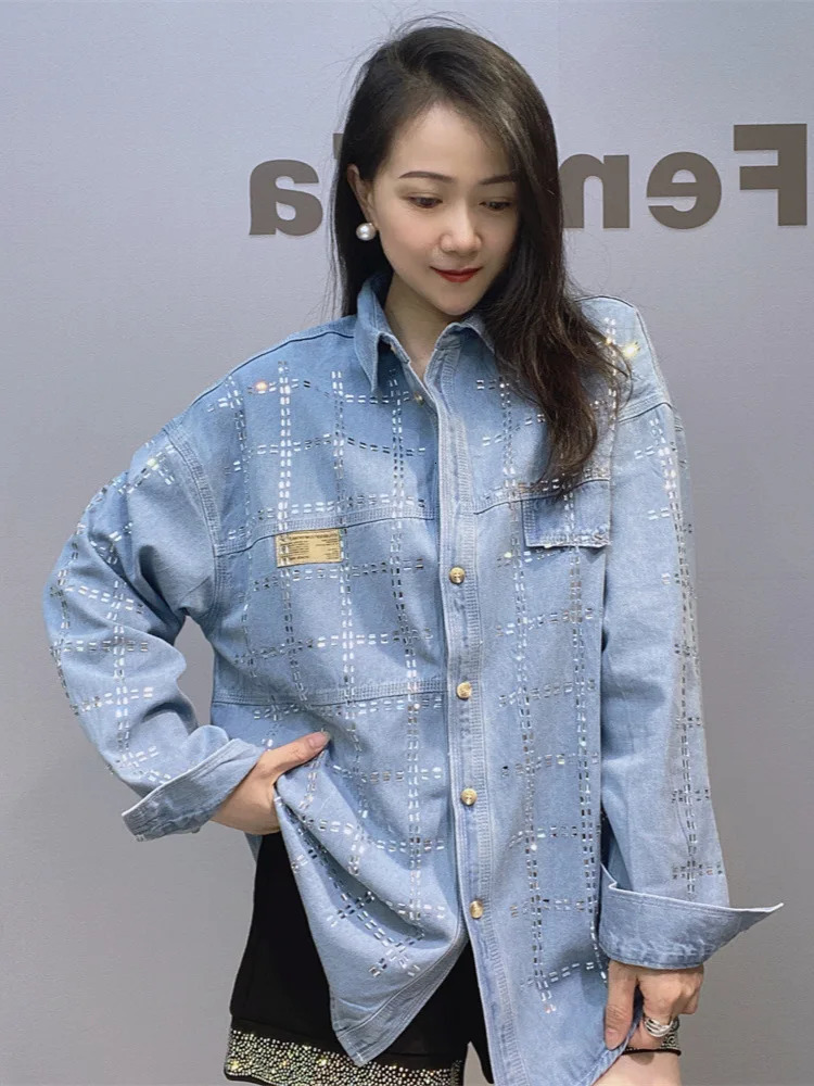 Women Chic Top Striped Diamond Denim Jacket Casual Fashion Women Shirt Long Sleeve Jeans Blouse Coat 250122