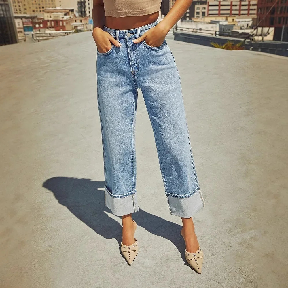 Women Jeans Wide Leg Pant Denim Long Pants High Waist Vintage Button Pocket Y2k Tops Straight Trousers Simple Loose Streetwear 250206