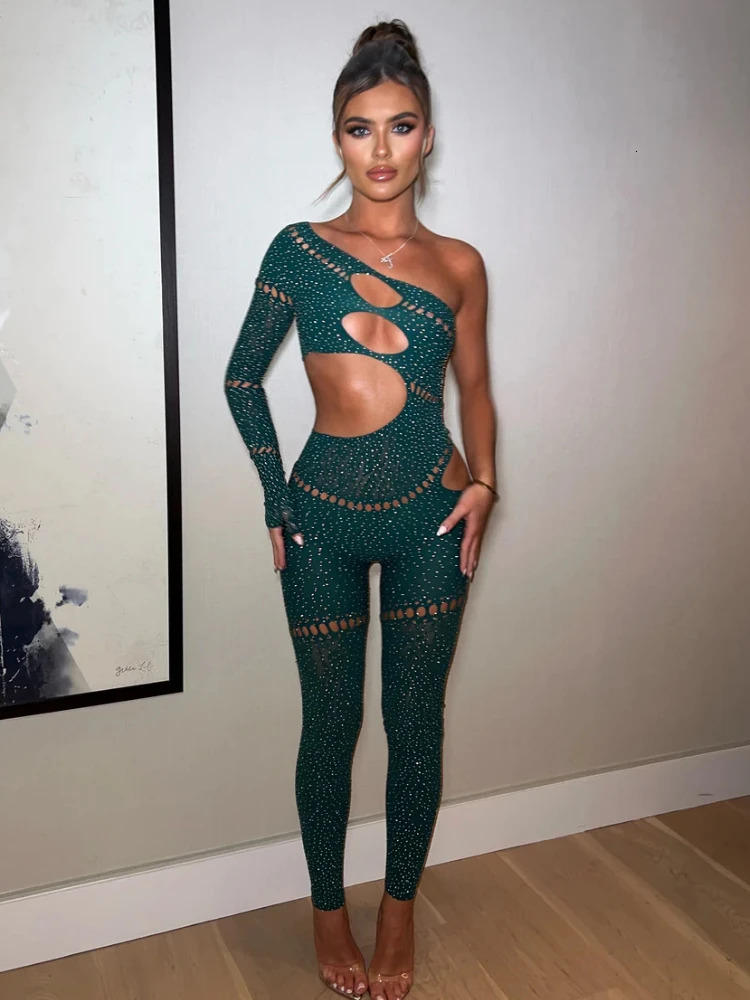 Lovermore Hollow Out Sexy Jumpsuit Long Sleeve Off Shoulder BodyShaping Rompers Drill See Through Party Wear 250115