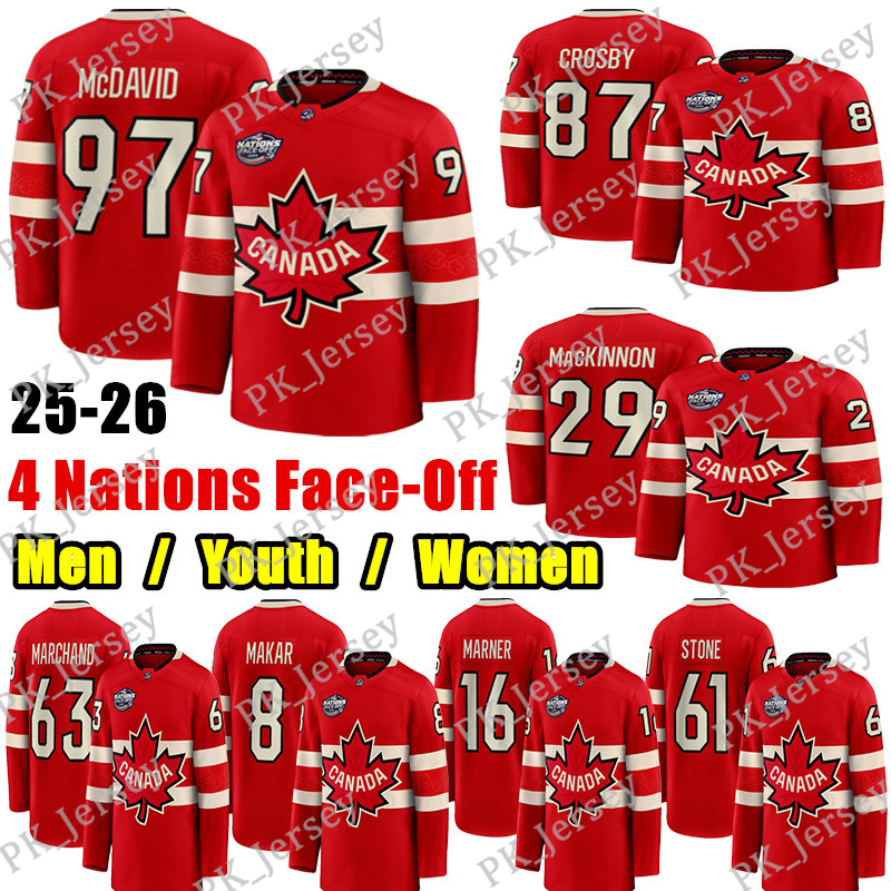 2025 4 Nations hockey jersey Face-Off Sidney Crosby Nathan MacKinnon Brad Marchand Travis Konecny Mitch Marner Mark Stone Binnington Adin Hill Seth Jarvis jerseys