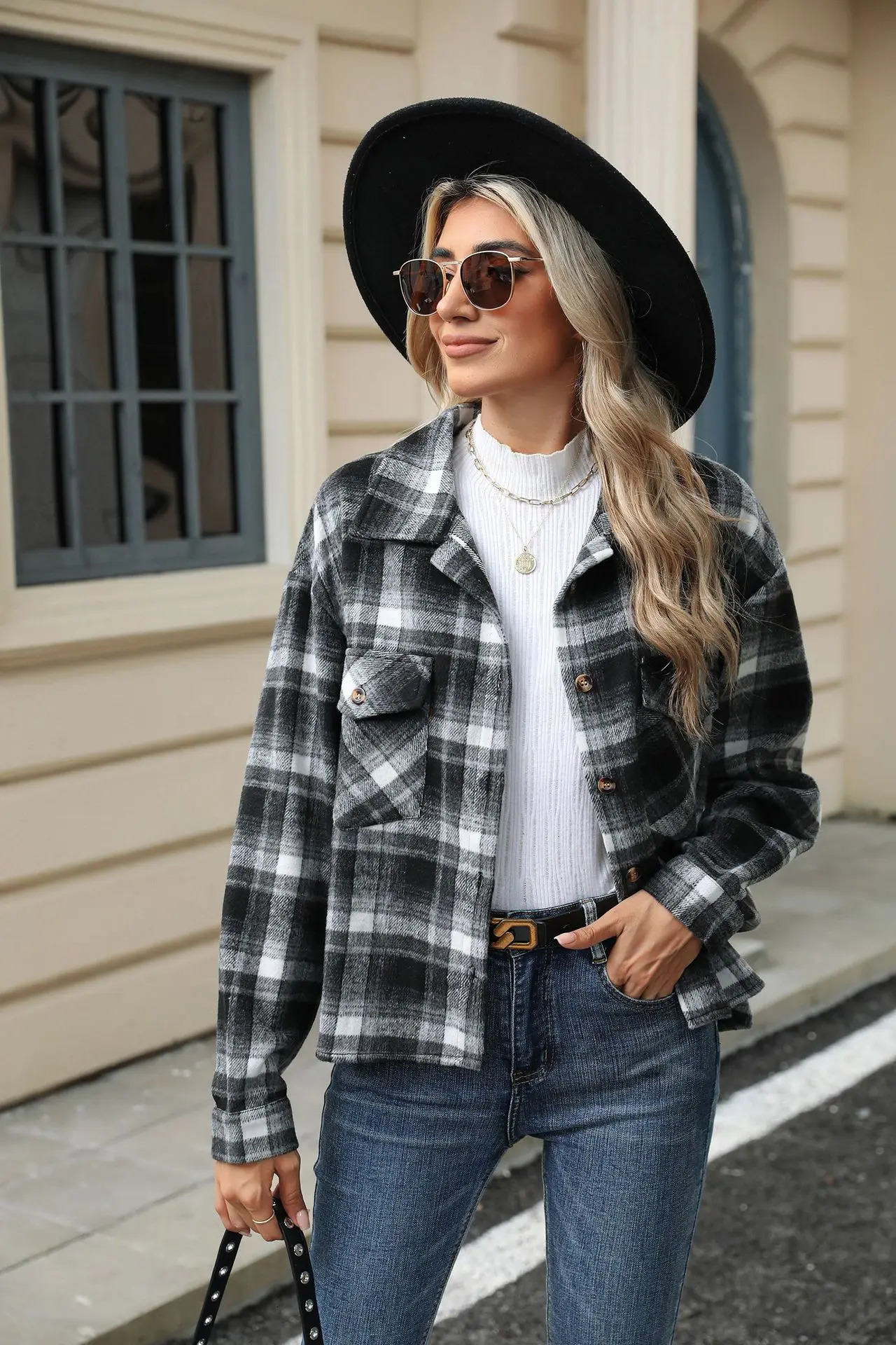 Long Sleeved Loose Pocket Plaid Top Woolen Coat for Women 250109Z