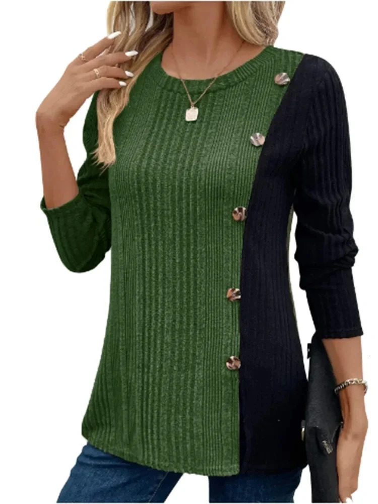 Womens Round Neck Long Sleeved Color Blocked Button Tshirt Daily Office Casual Comfortable Autumn Top 250114Z