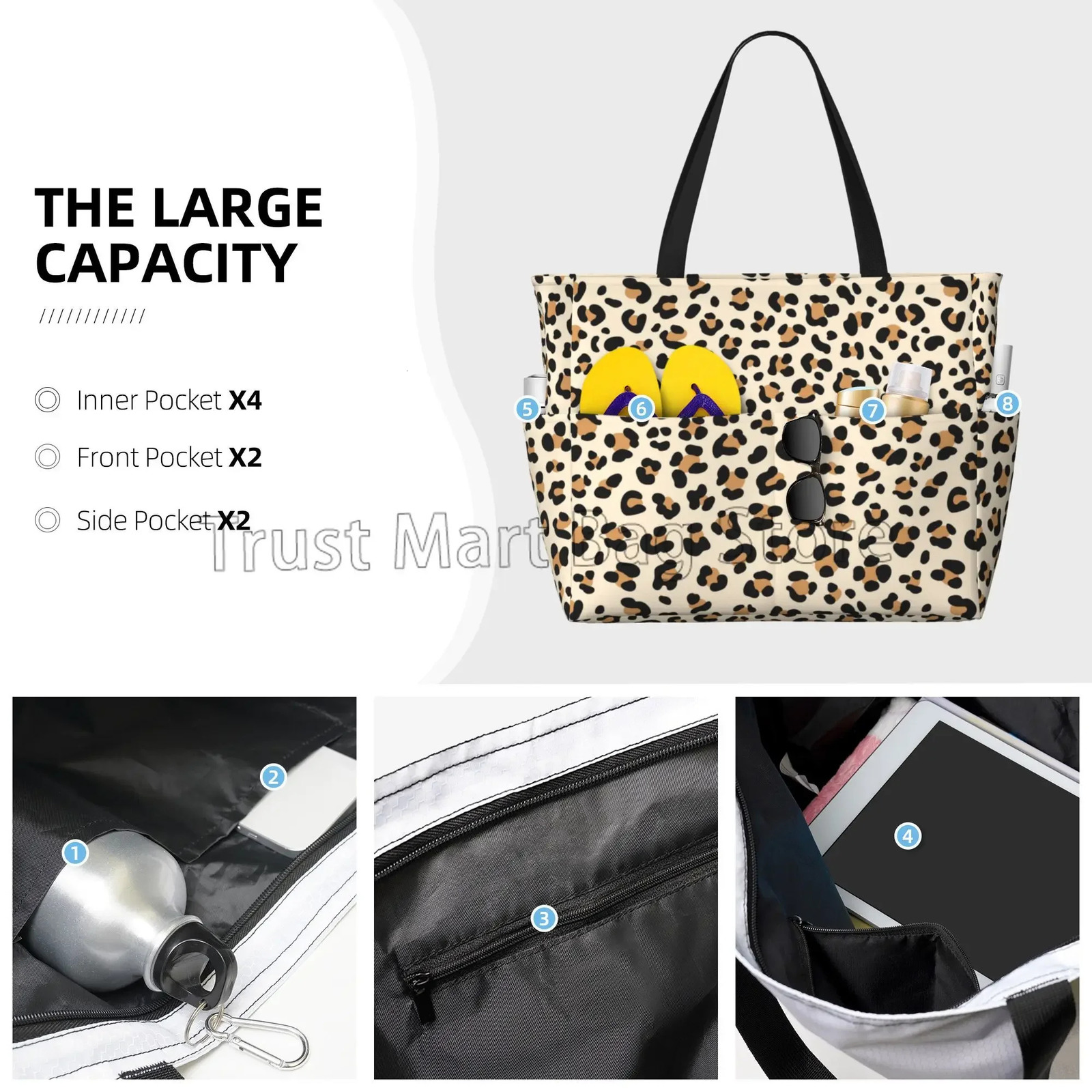 Leopard Print Large Waterproof Beach Bag for Women Sandproof Tote Bag Pool Bag with Zipper and Pockets for Travel Vacation Gym 250207