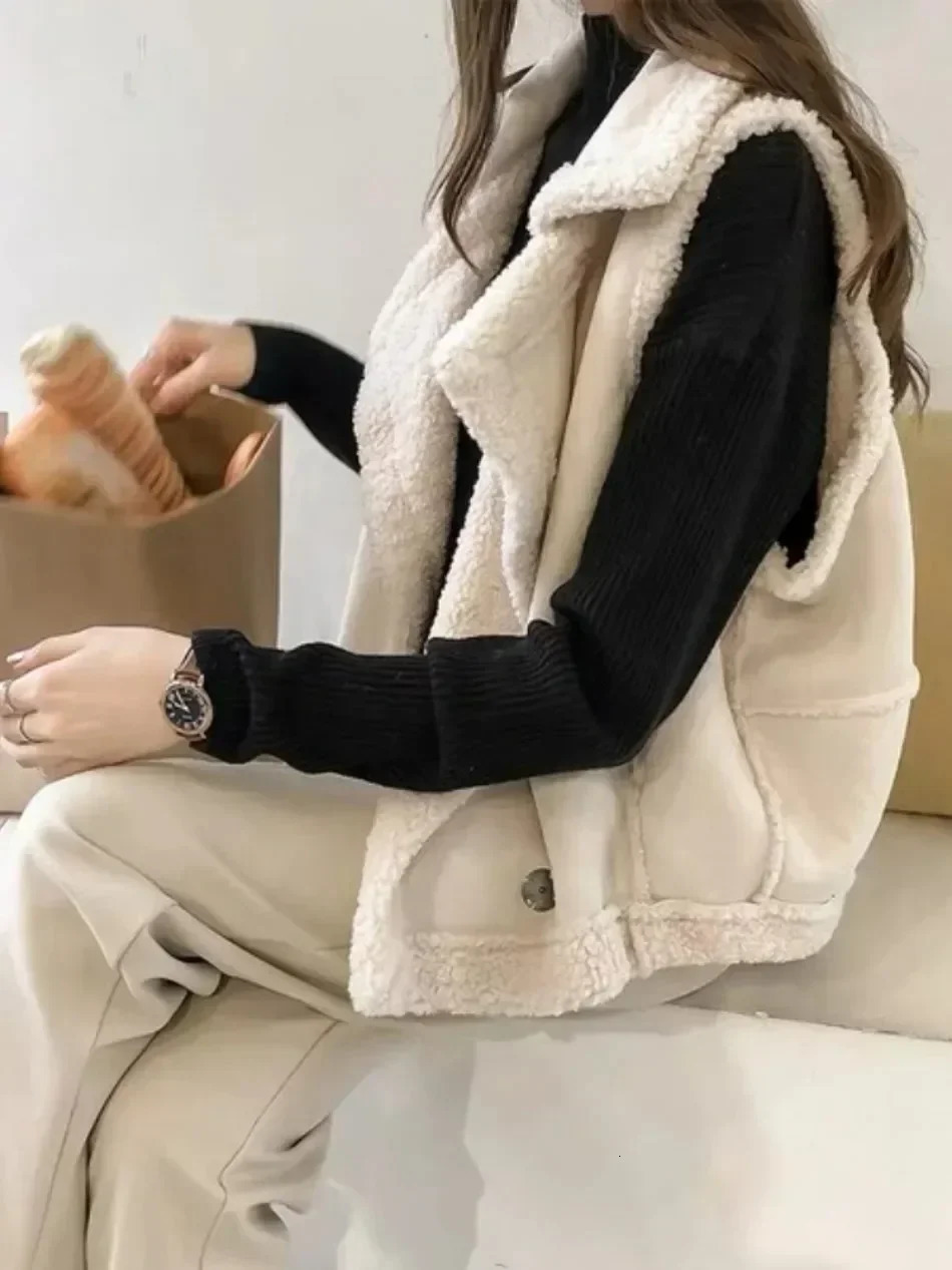 Women 2024 Autumn Winter Waistcoat Loose Outerwear Top Sleeveless Solid Color Jacket Female Leather Vest Coat 250113Z