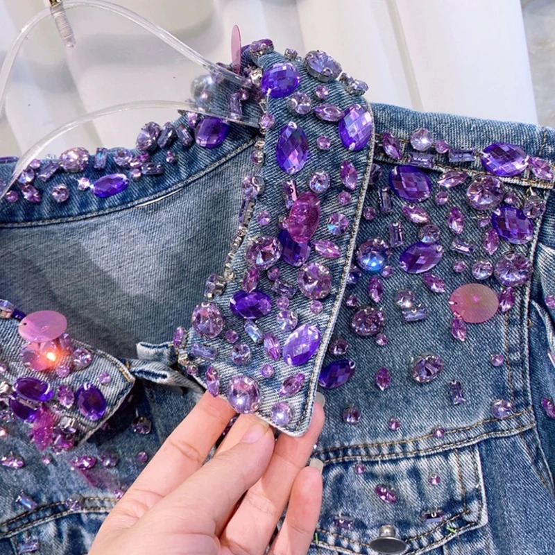 Harajuku Vintage Washed Blue Short Denim Jacket Beaded Diamond Sequins Lapel Long Sleeve Spring Autumn Women Casual Jeans Jacket 250122