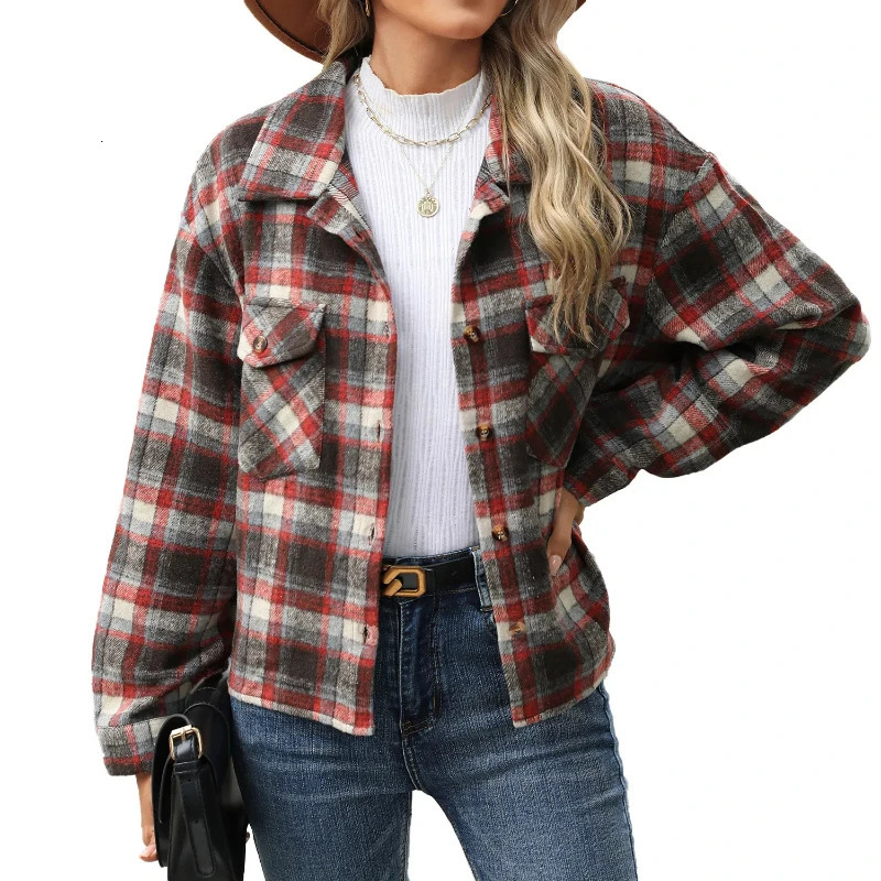 Long Sleeved Loose Pocket Plaid Top Woolen Coat for Women 250109Z