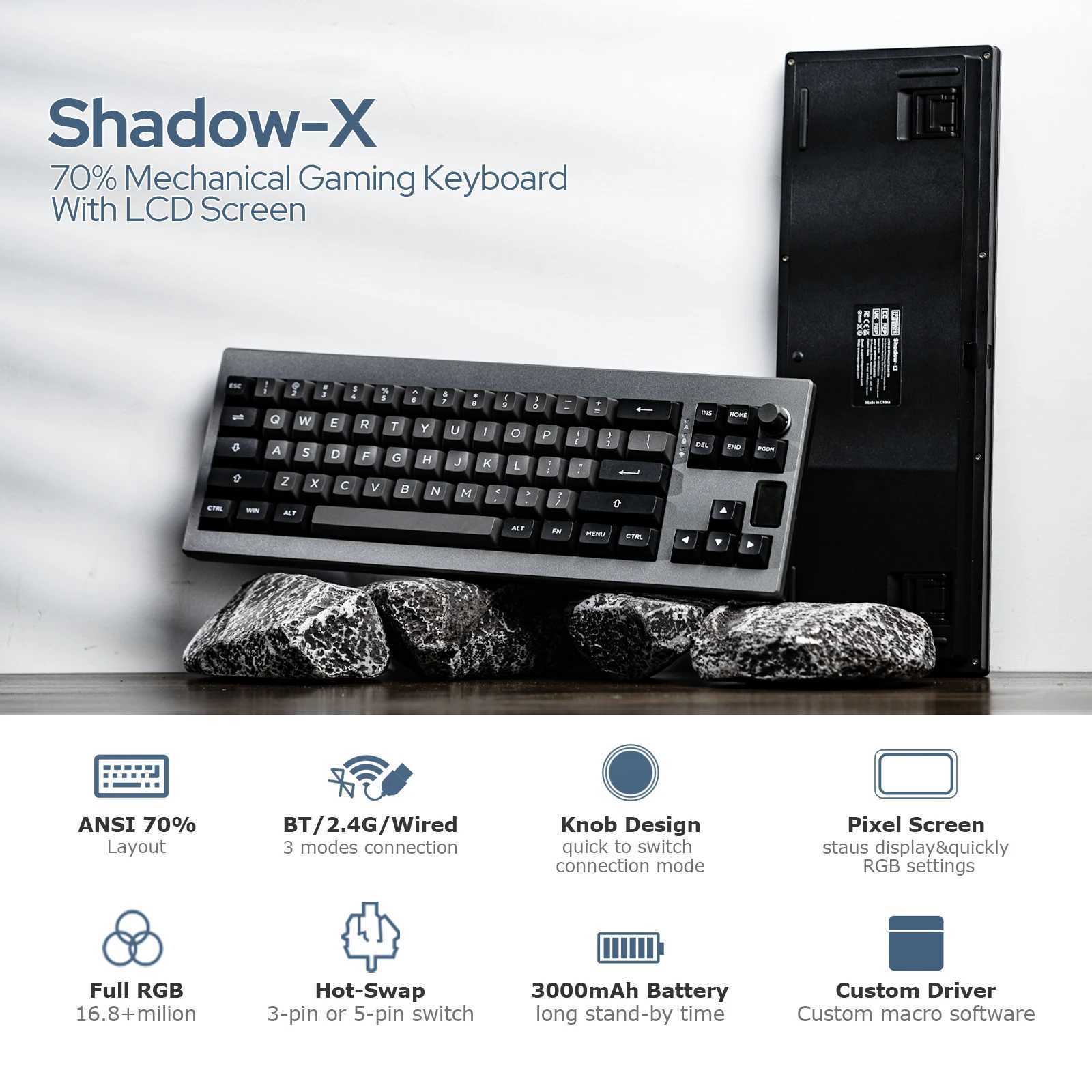 Keyboards EPOMAKER Shadow-X Gasket Hot Swappable 2.4ghz/Bluetooth/USB-C Wired Wireless Mechanical Keyboard with Screen for Gaming/ Office z250209