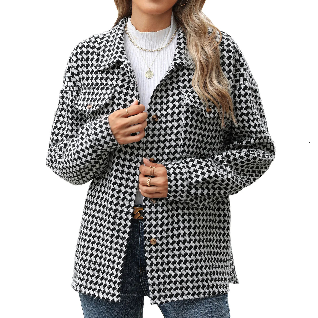 YJKDYK Autumn Winter Womens Houndstooth Jacket Female Loose Long Sleeved Woolen Coat With Pocket Ladys Coats Casual Jacket 250116