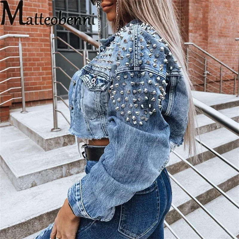 Western Cow Style Studded Decoration Jacket Womens Lapel Single-breasted Short Coat Trend Streetwear Female Casual Outerwear 250122