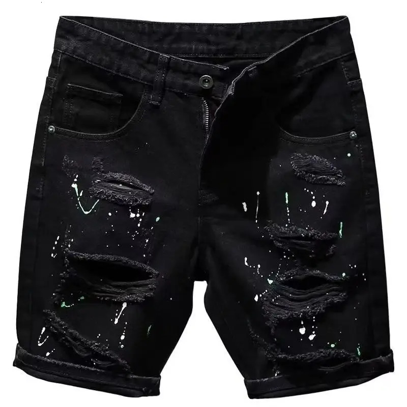 Summer Casual Mens Denim Shorts Korean Straight Washed Jeans Short Ins Ripped Cat Whisker Ink Splash Plaid Black Five-Pants 250206