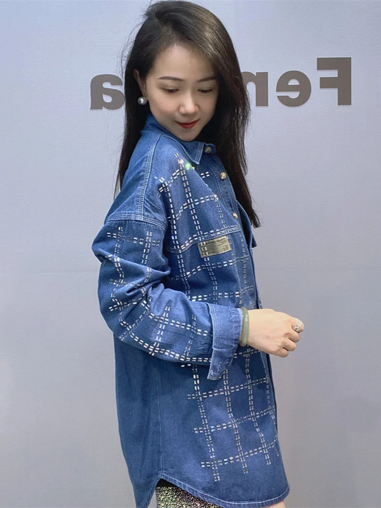 Women Chic Top Striped Diamond Denim Jacket Casual Fashion Women Shirt Long Sleeve Jeans Blouse Coat 250122