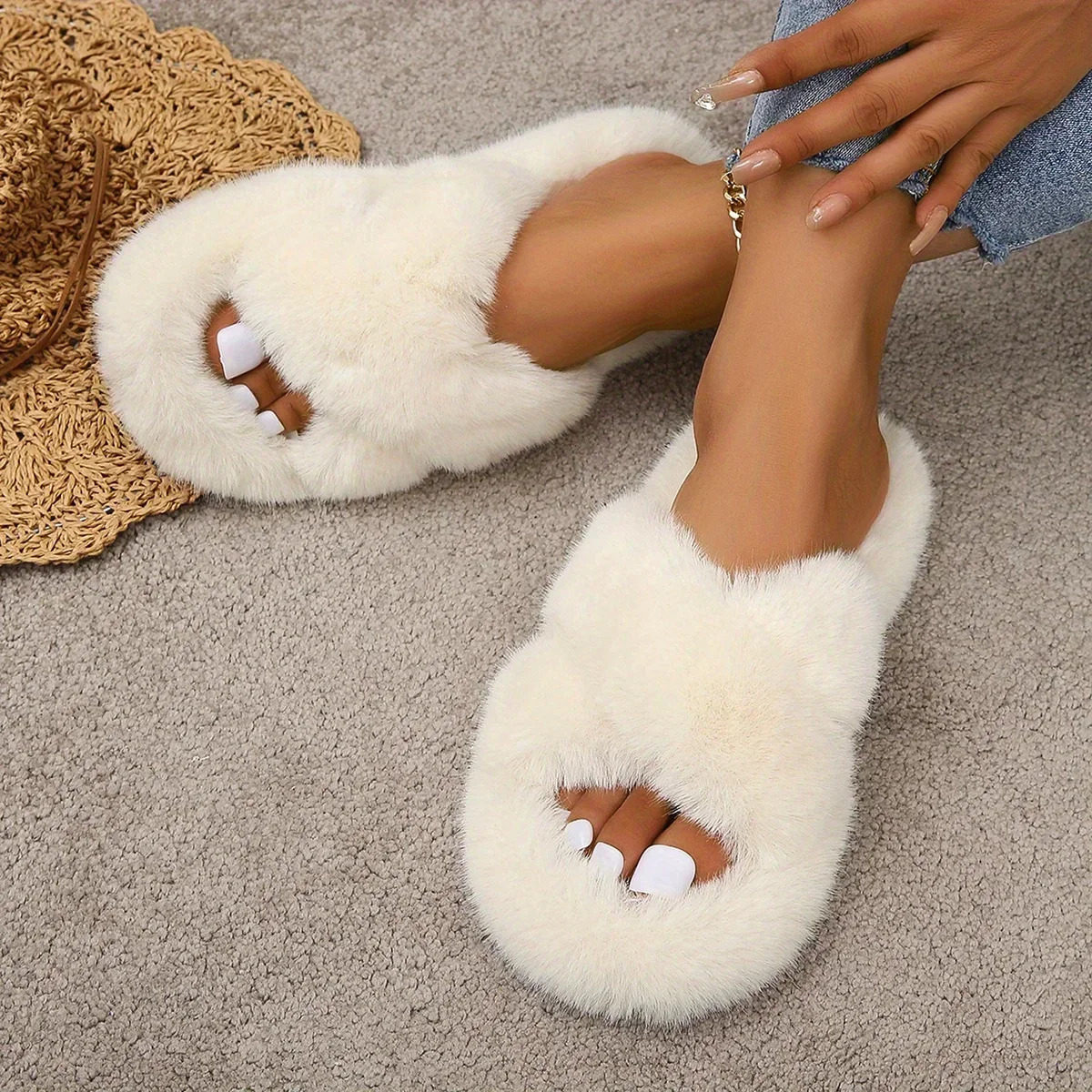 Fluffy Furry Cross Band Fuzzy Slippers Cozy Open Toe Flat Plush House Shoes Comfy Warm Home Slides Winter Women Sandals 250117