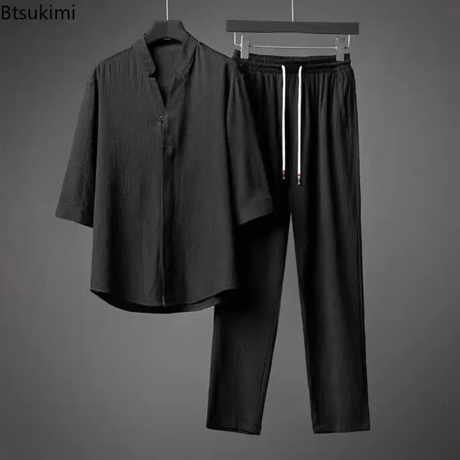 2025 Mens Two Piece Pant Sets Spring Summer Short Sleeve Shirt And Pants Outfits For Men Solid Cotton Linen Clothing Sets Male250206